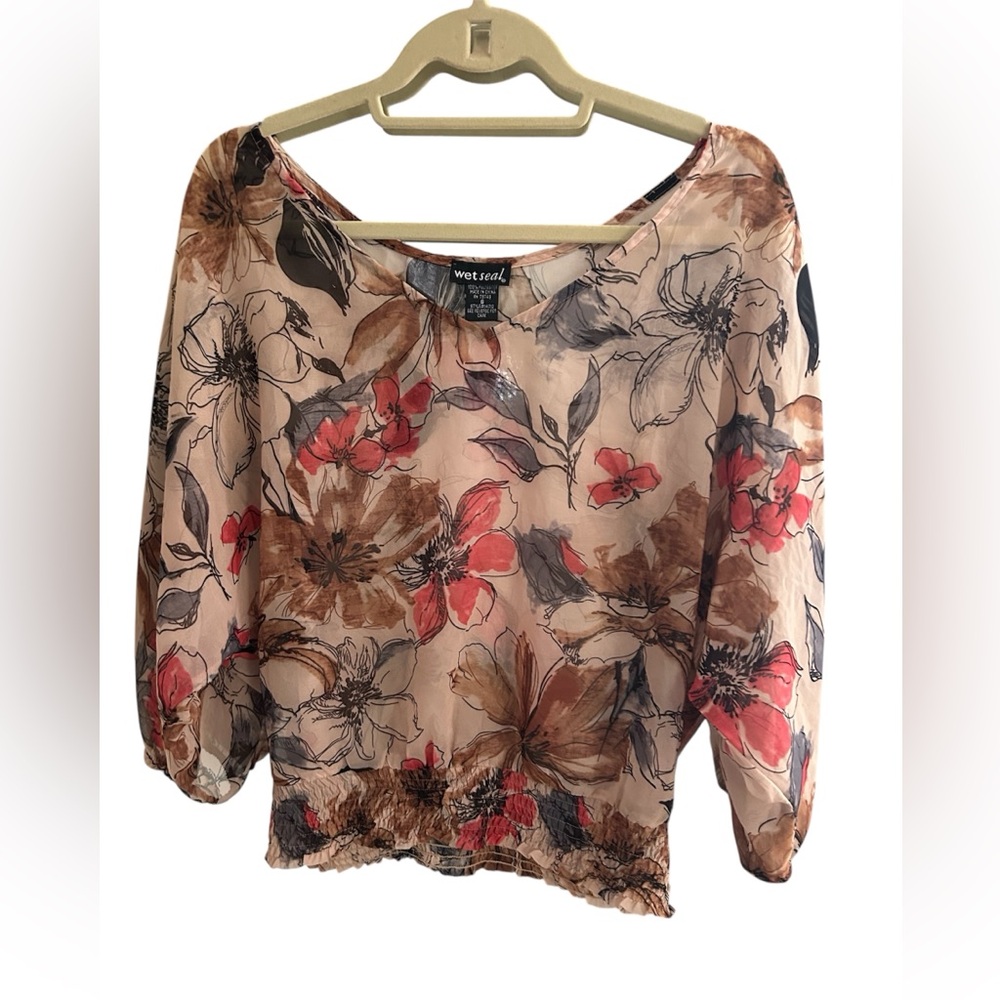 WetSeal Floral Sheer Women's Top Size Small Smocked Hem